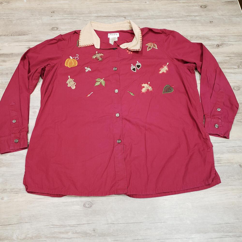 Bobbie Brooks Shirt Womens 18W/20W Red Fall Autumn Embroidered Button Up Tunic